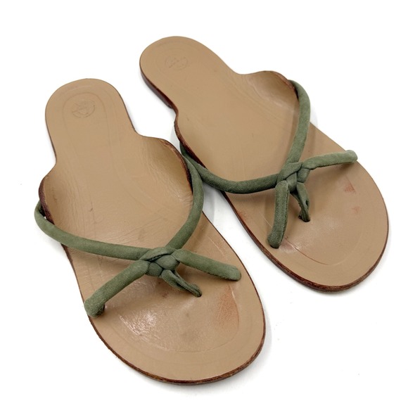 The Row Hawaii Knotted Sandals Thong Olive Green Suede Flat Slides Sz 36 / 6
